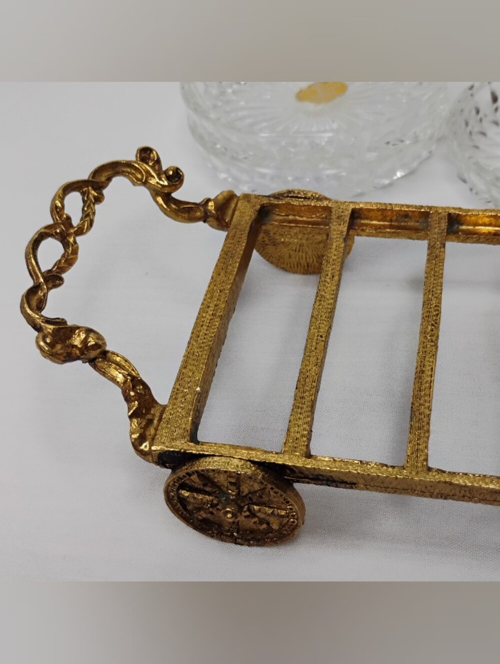 Vintage Bohemia Glass Czechoslovakian Crystal Coasters Set With Gold Plated Cart - Picture 6 of 16